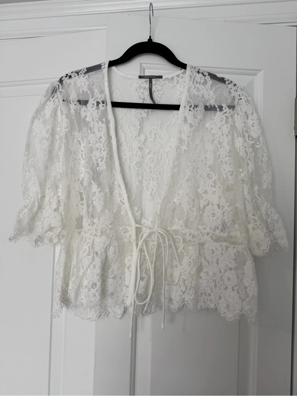 Anthropologie White Lace Tie-Front Top